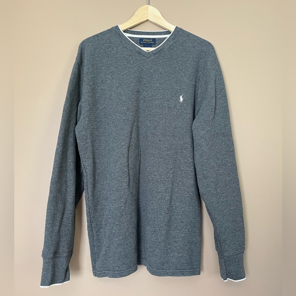 {POLO Ralph Lauren} Waffle Long Sleeve Shirt in Grey with White Trim - Mens 2XL